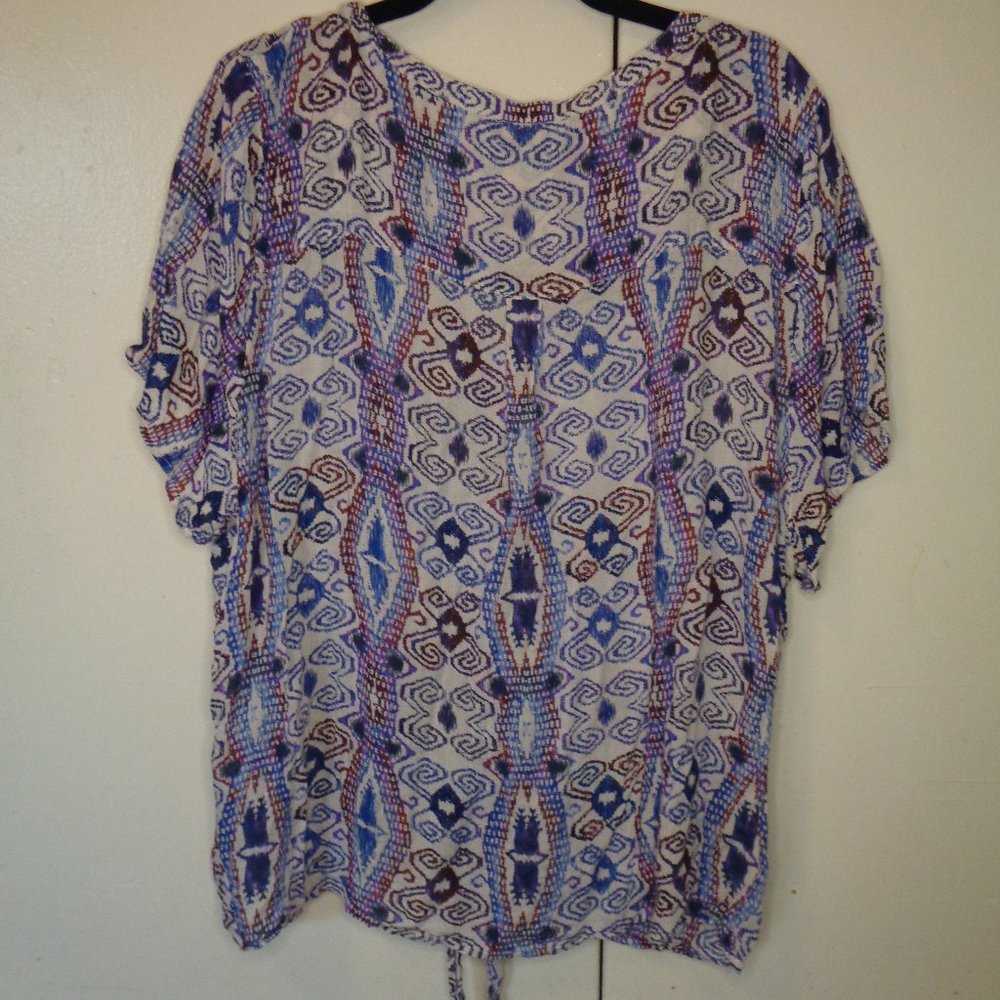 Boho Hippie Tribal Silky Light Short Sleeve Oversize Relax Front Tie  Blouse